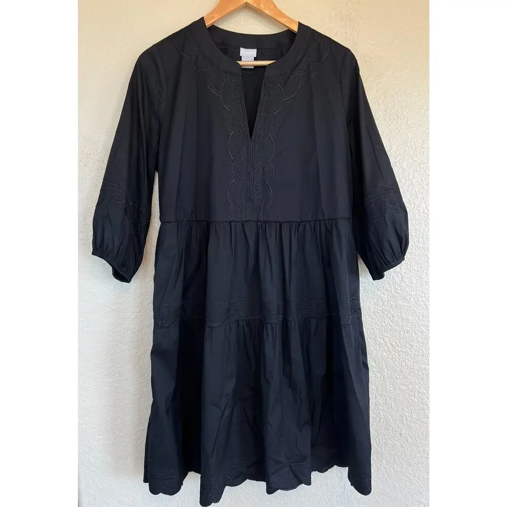 Chico's Women Black Poplin Tiered Mini Dress Black Embroidered Notch Neck 1 8/10 - Picture 2 of 6